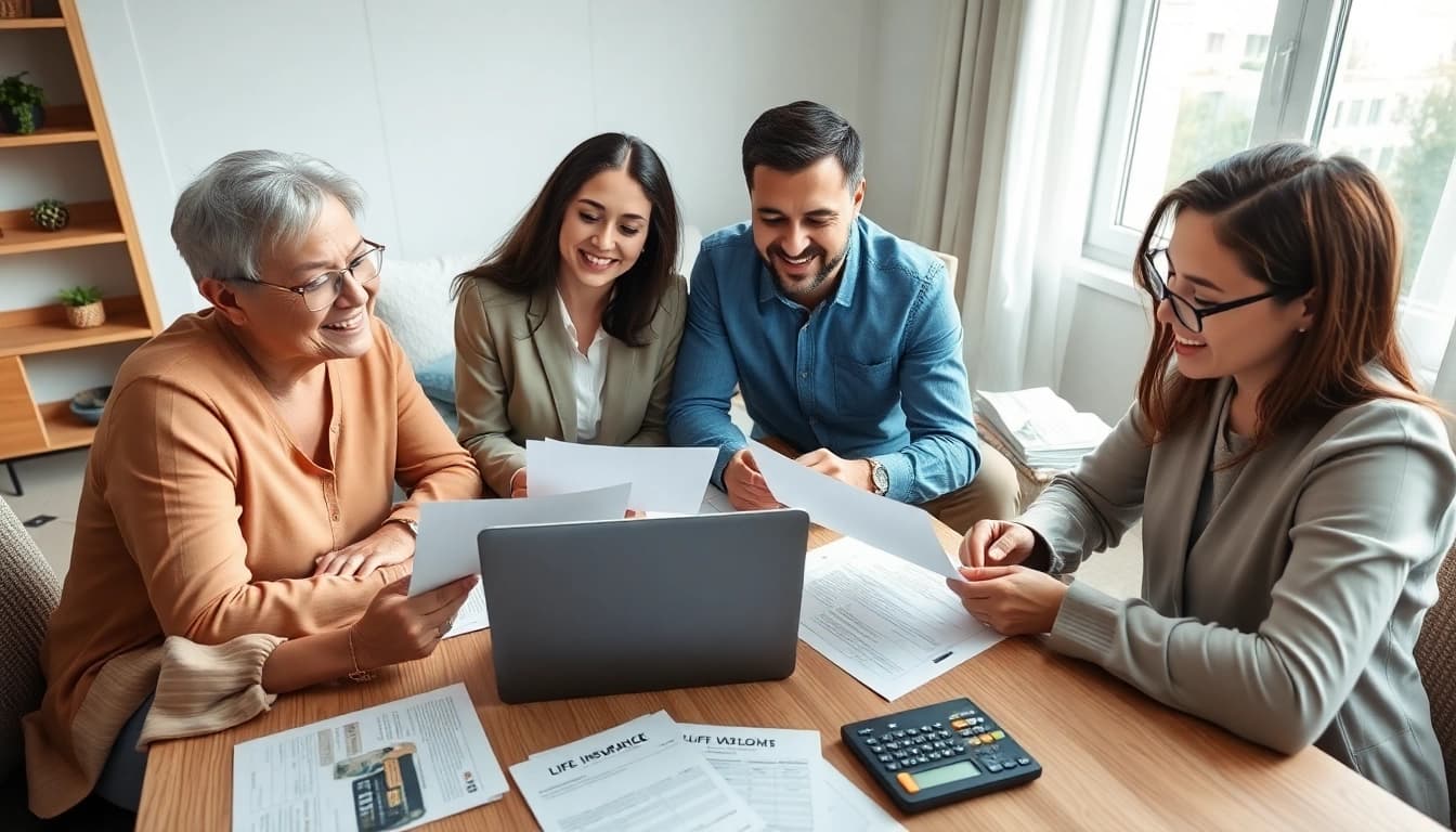 Families engage in a life insurance discussion at a home office, showcasing options and plans.
