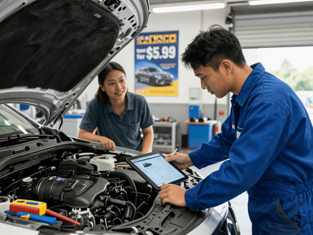 Get a Carfax report for $5.99 at an automotive inspection center showcasing vehicle check