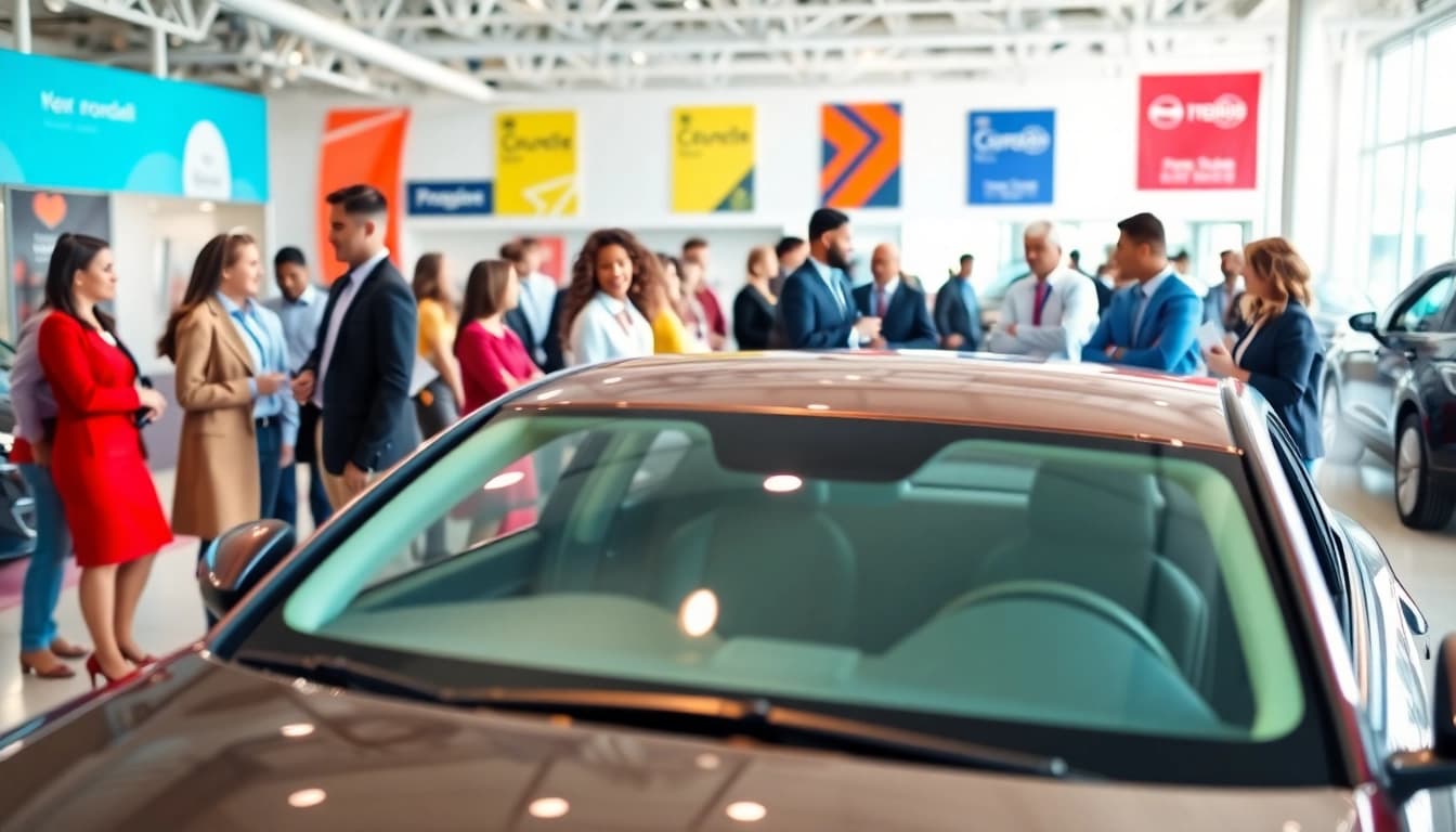 Buy a car showcasing diverse customers exploring options in a bright dealership setting.