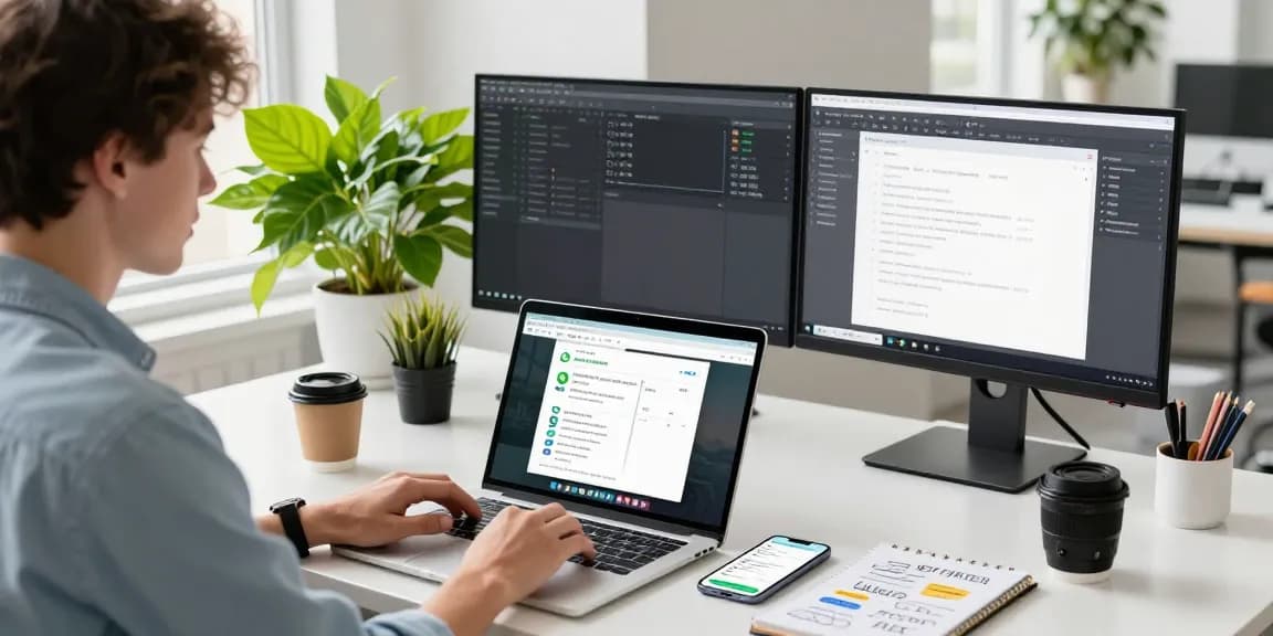 Person using WhatsApp網頁版 on a laptop in a modern office setting, showcasing digital communication.