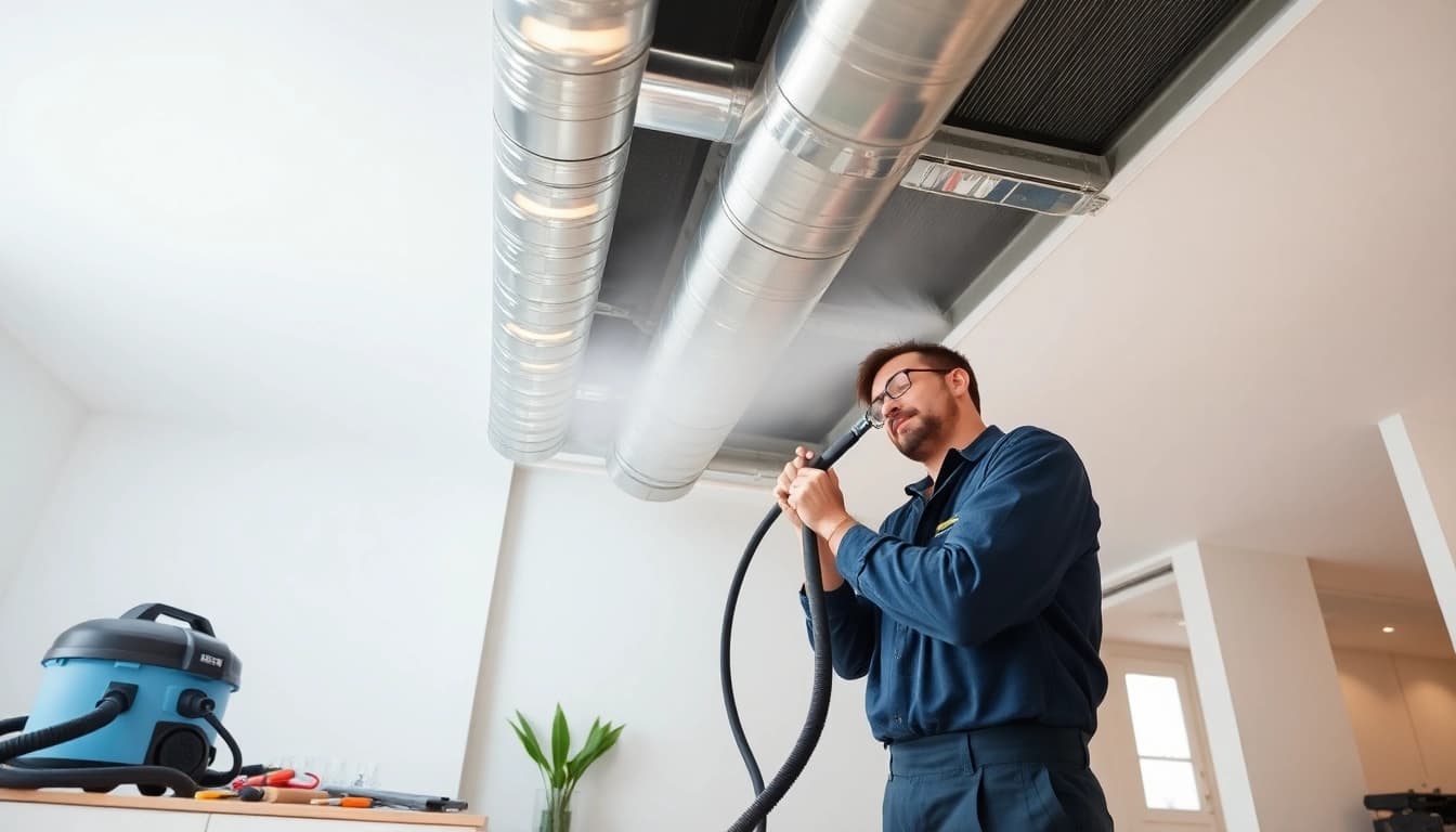 Technician conducting duct cleaning and HVAC inspection to improve air quality in a home.