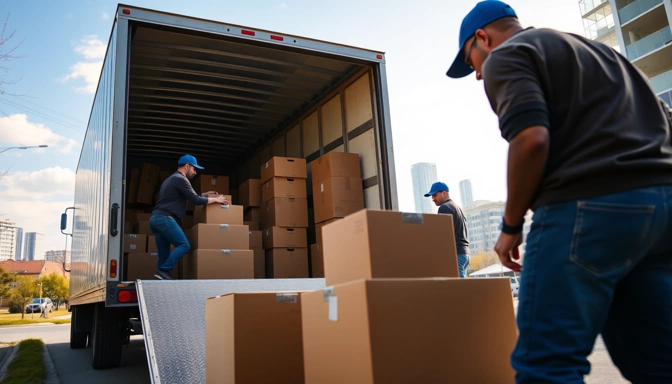 Efficient provincial moving services depicted as professional movers pack a truck with care and efficiency.