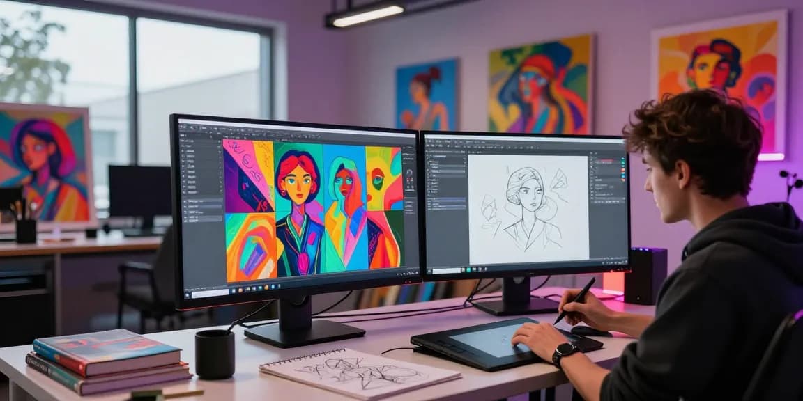 AI nsfw art creation scene with digital tools, vibrant canvases, and creative atmosphere.