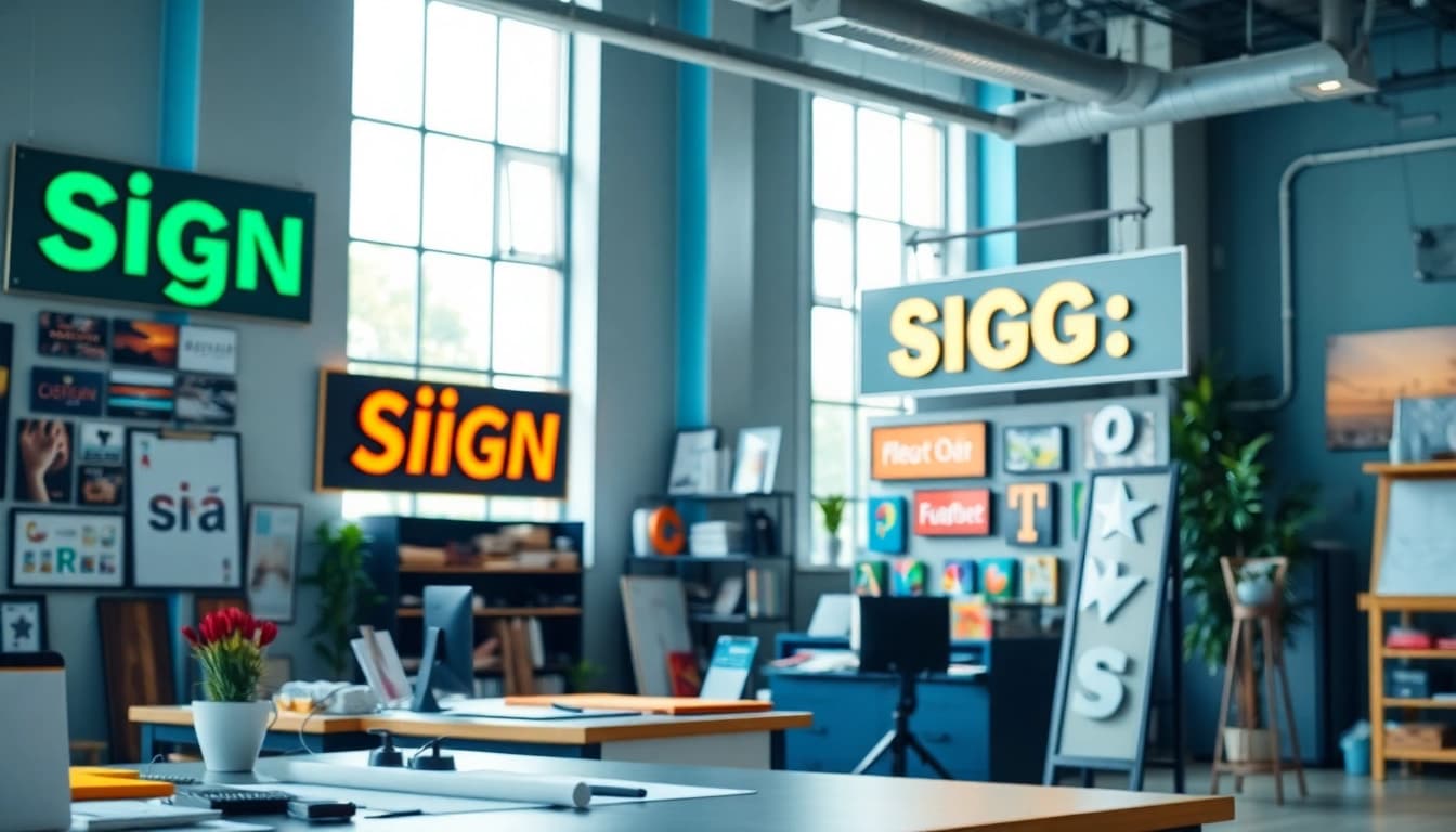 Create high-quality sign design showcasing various custom signs in a vibrant workspace.