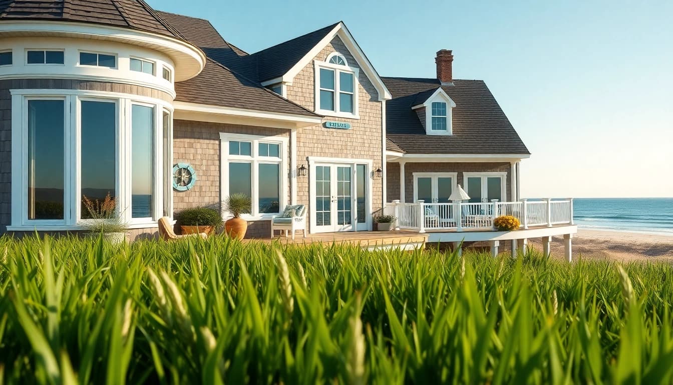 Cape cod home with elegant exterior in a serene coastal setting featuring large windows and a wraparound porch.