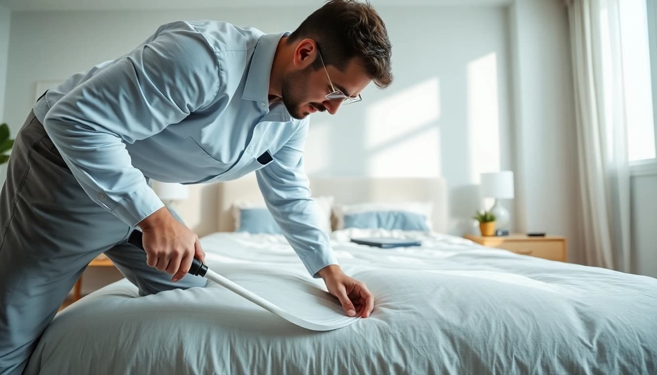 Affordable bed bug control technician treating a clean bedroom environment.
