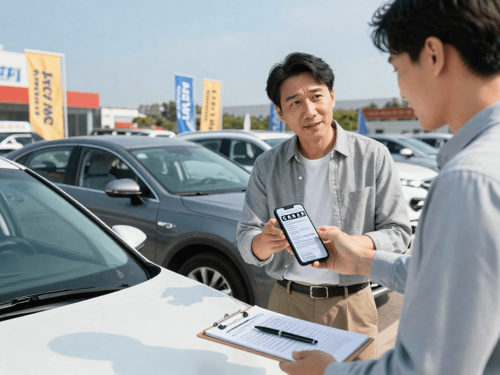 Discount Carfax report aiding a confident car buyer in making informed decisions at a used car lot.