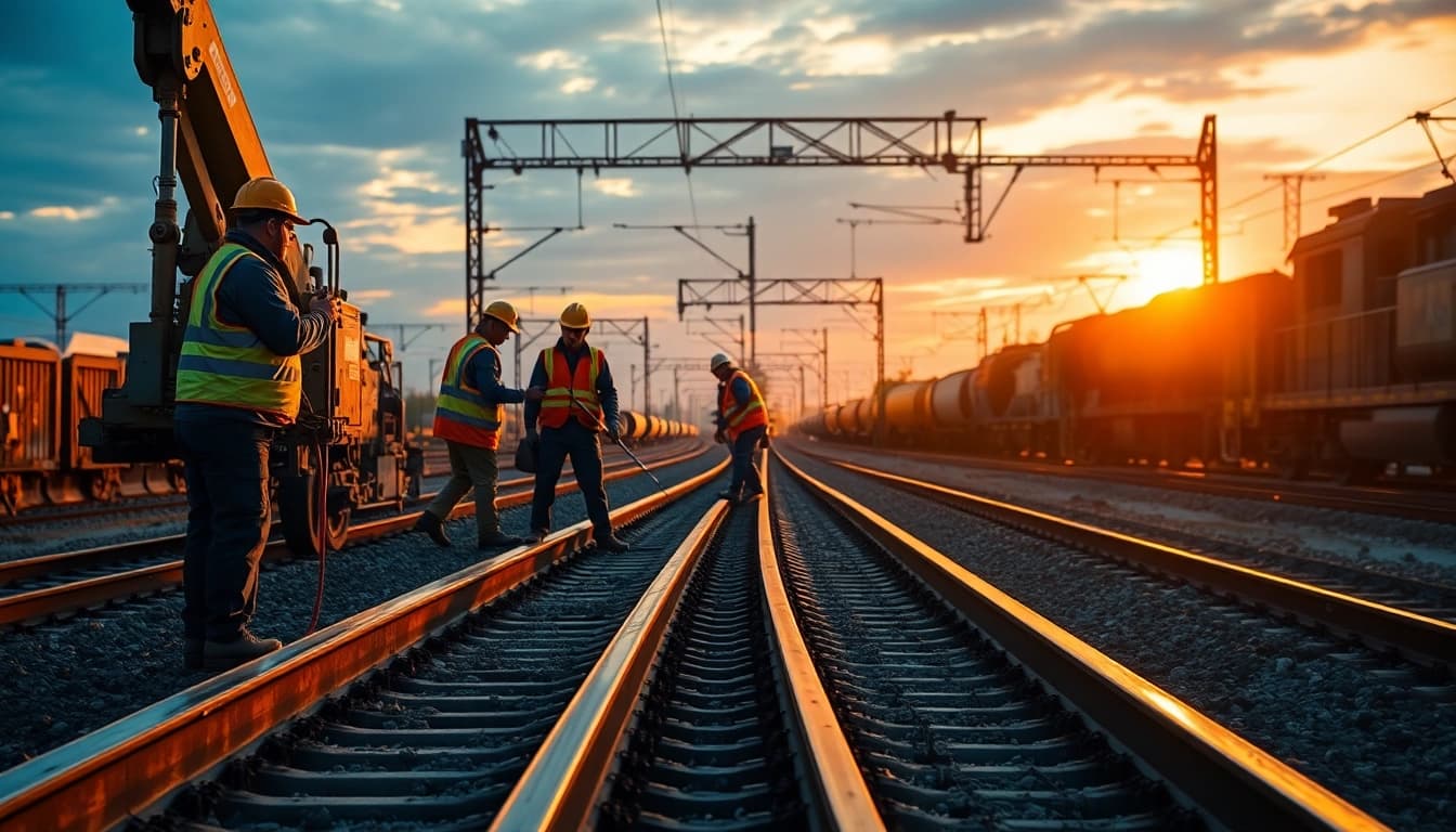 Emergency Railroad Repair Services team performing urgent track repairs at sunset.