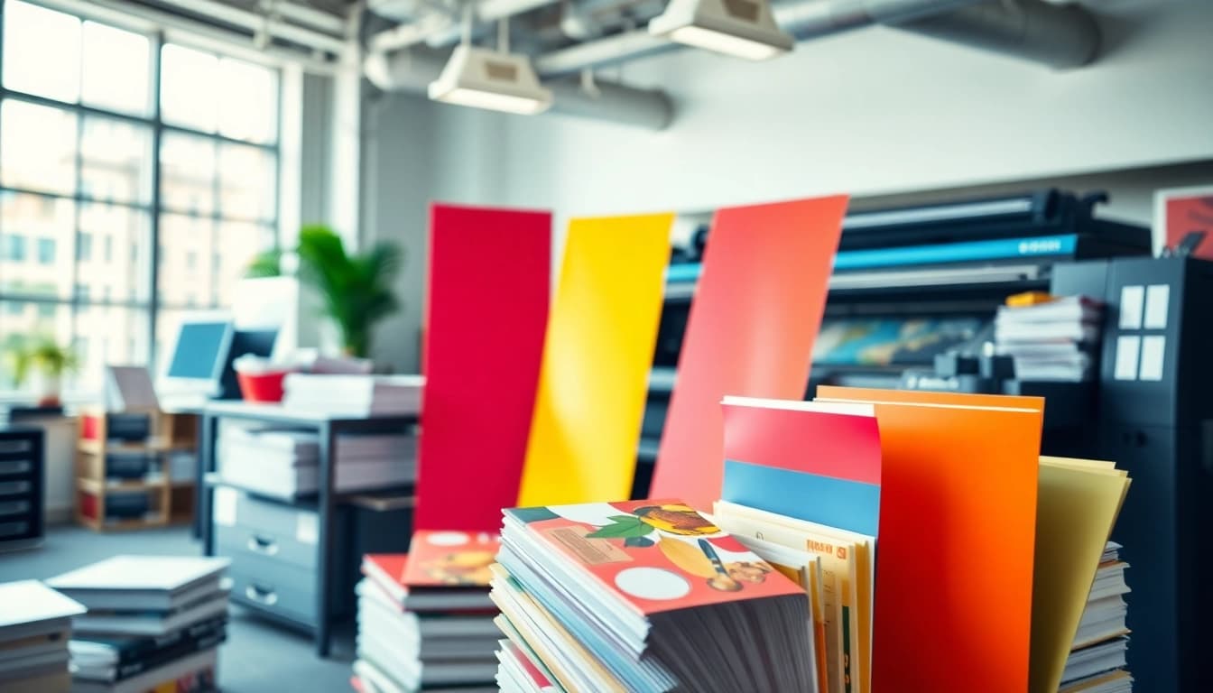 A dynamic display of edmonton printing services showcasing colorful banners and printed materials in a professional setting.