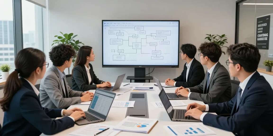 Tim audit forensik profesional sedang berdiskusi di aafikotaserang.org, memperlihatkan kolaborasi dalam ruangan modern.
