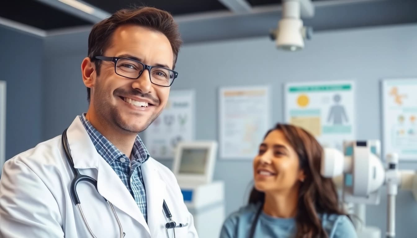 Conducting a full body health check Sydney in a professional medical setting with a doctor and patient.
