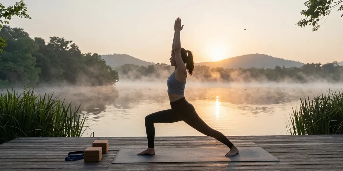 A serene lakeside yoga scene with a practitioner executing a warrior pose, embodying Stefan Camilleri yoga's principles of mindfulness and tranquility.