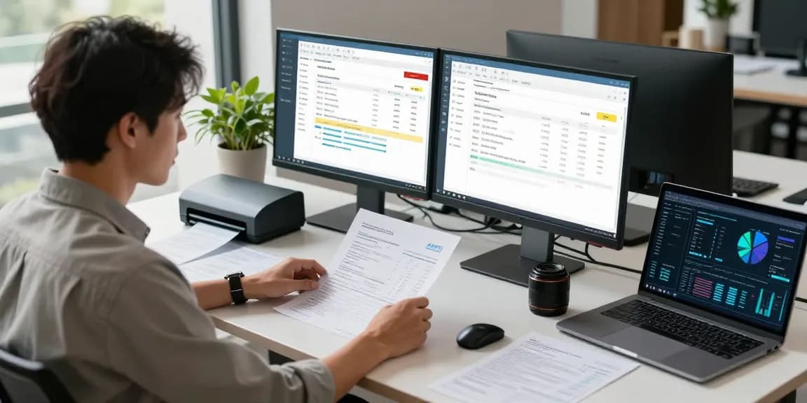 Detect fraud invoice analysis in a modern office setup, featuring invoice data on dual monitors.