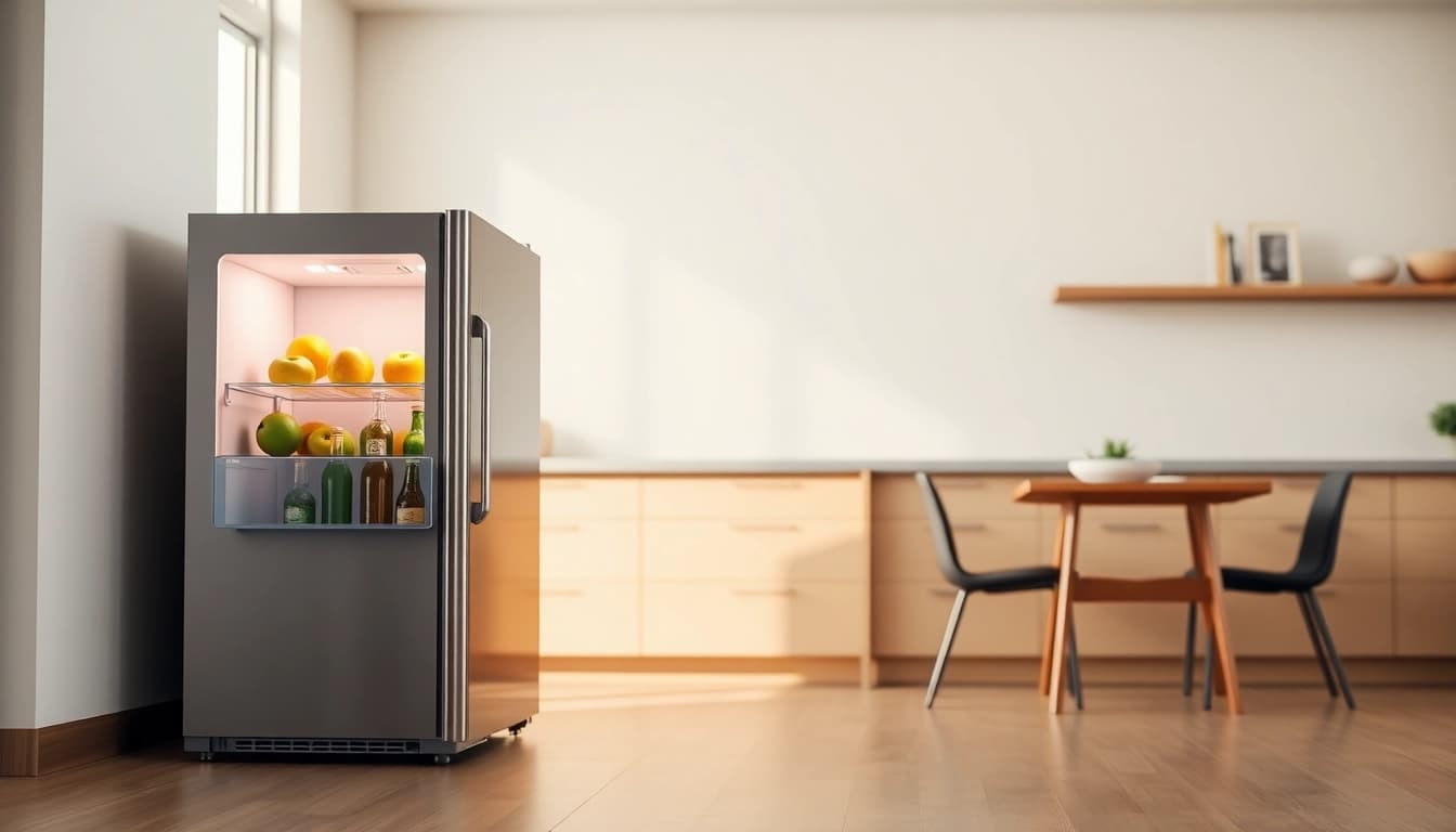 Showcase of an affordable mini fridge and freezer in a modern kitchen space.