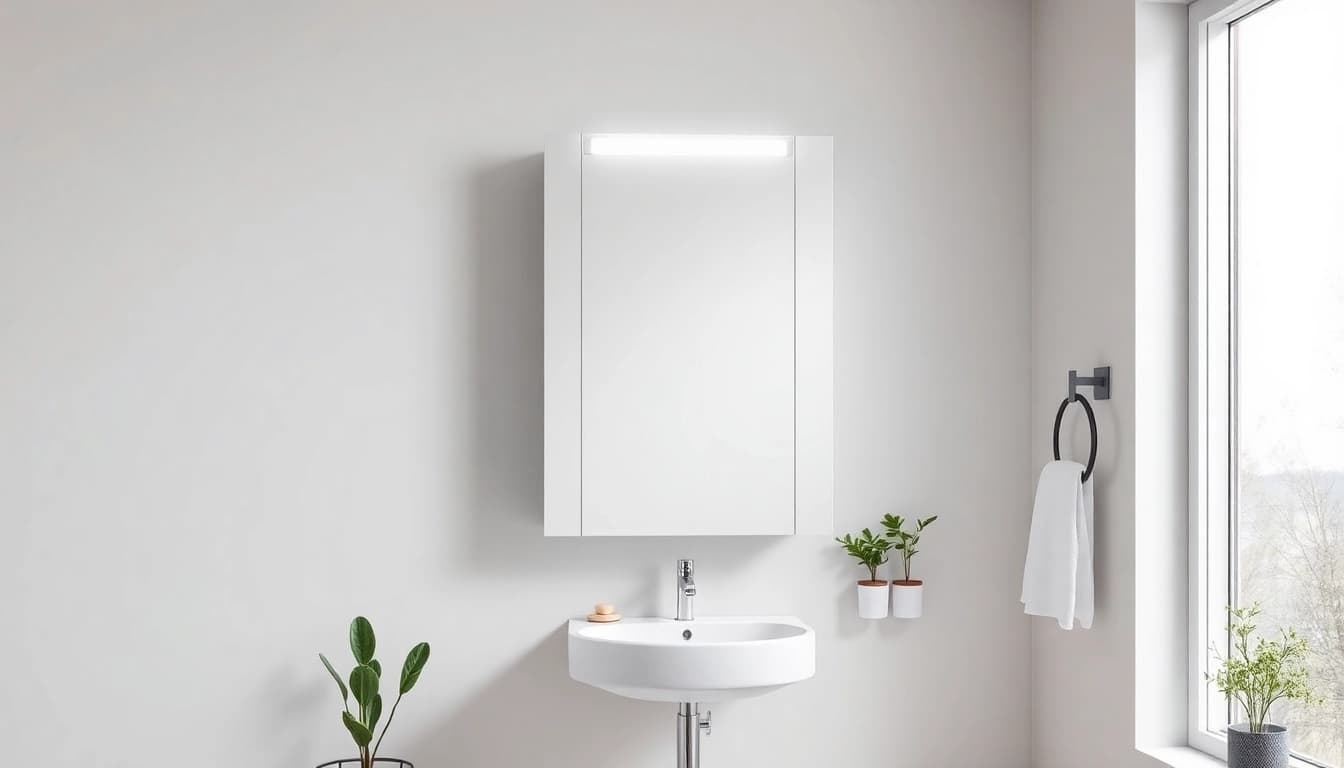 Illuminated mirrored bathroom cabinet with light accentuating its design in a chic bathroom.