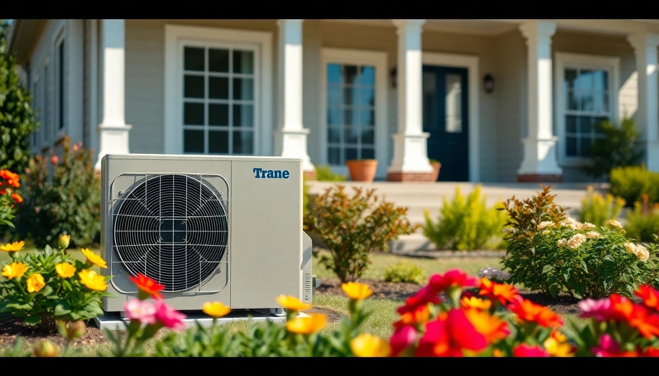 Showcase energy-efficient Trane heat pumps installed in a modern home setting, highlighting innovation.