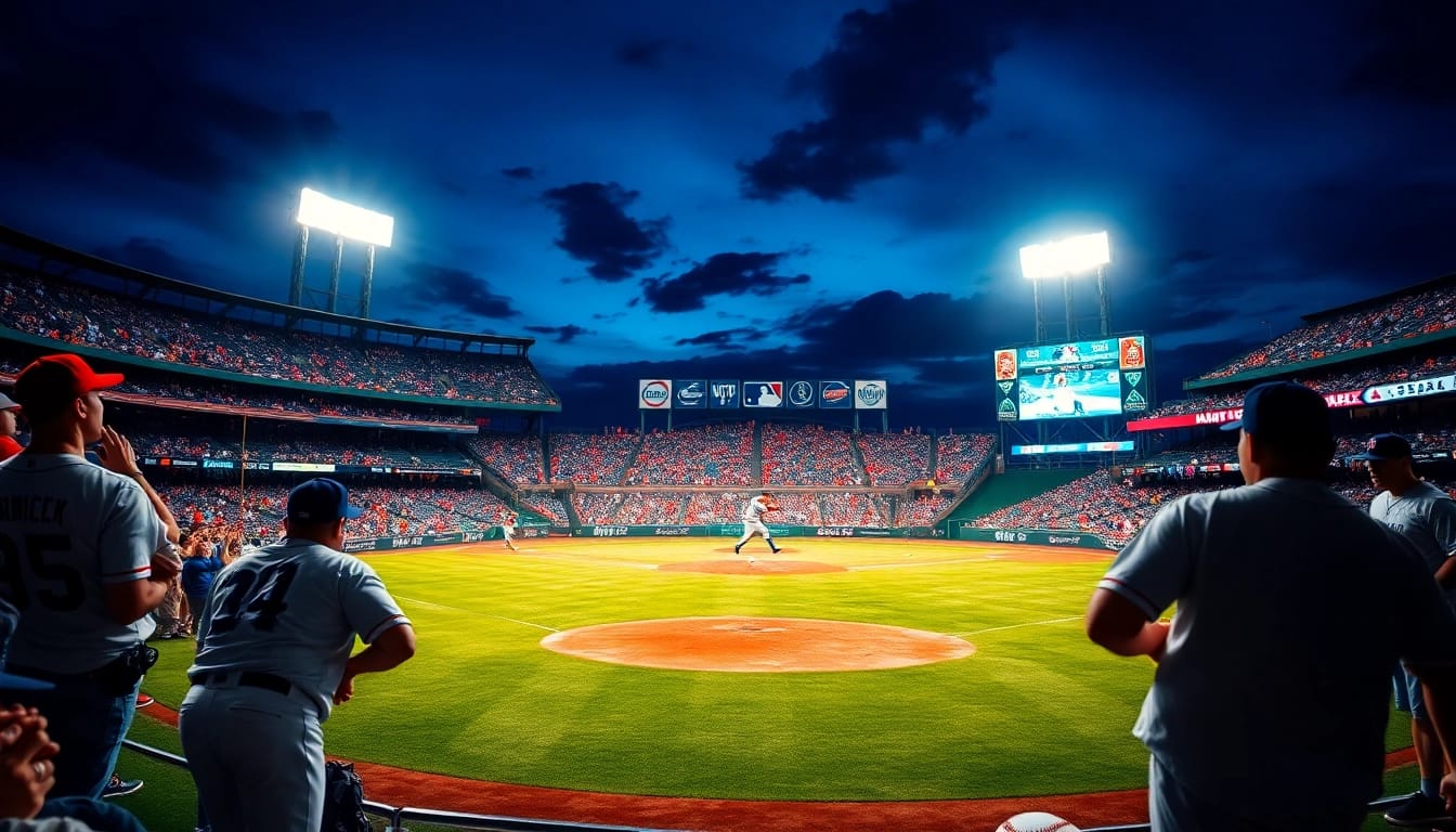 mlb중계를 즐기는 관중들이 가득 찬 야구 경기장 풍경