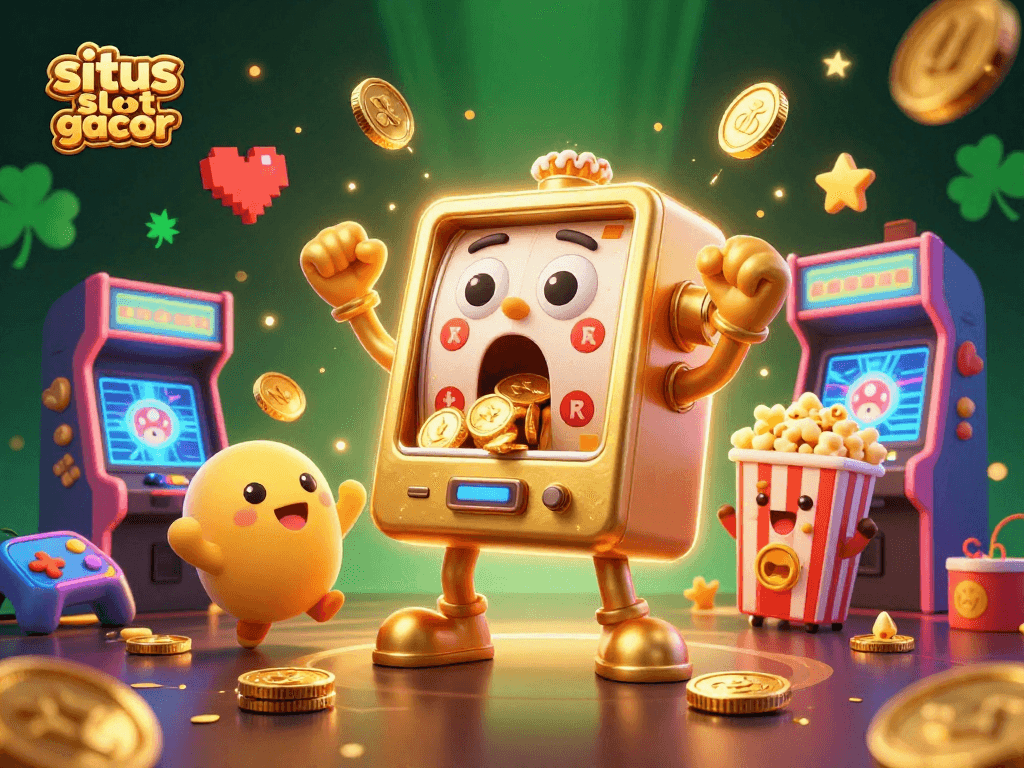 Experience the excitement at situs slot gacor as a golden slot machine hits a jackpot, surrounded by cheering baby slot machines.