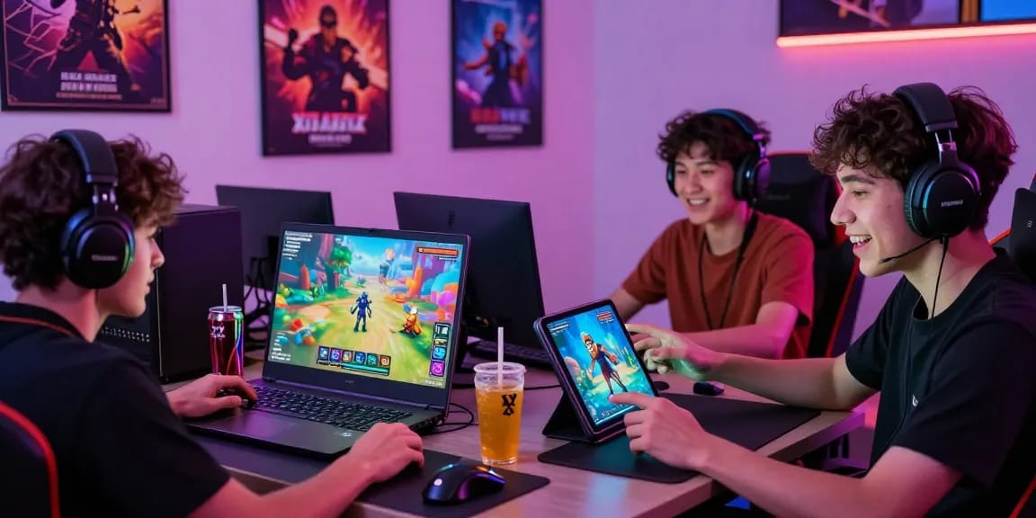Engaged gamers playing xxx games on different devices in a vibrant gaming environment.
