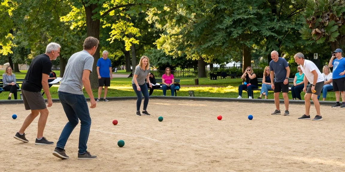 Aktivitas permainan petanque di fopikotabanjarma.org dengan pemain bersemangat di ruang terbuka yang cerah.