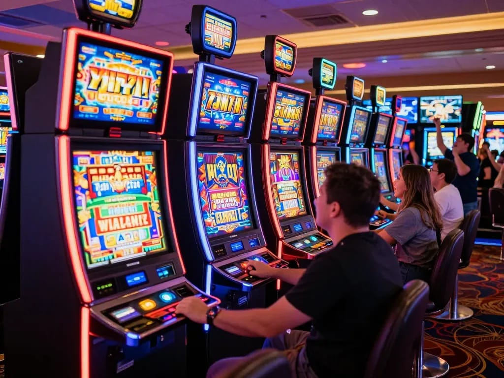 Players engaging with colorful slot777 machines in a lively casino atmosphere, showcasing dynamic gameplay and excitement.