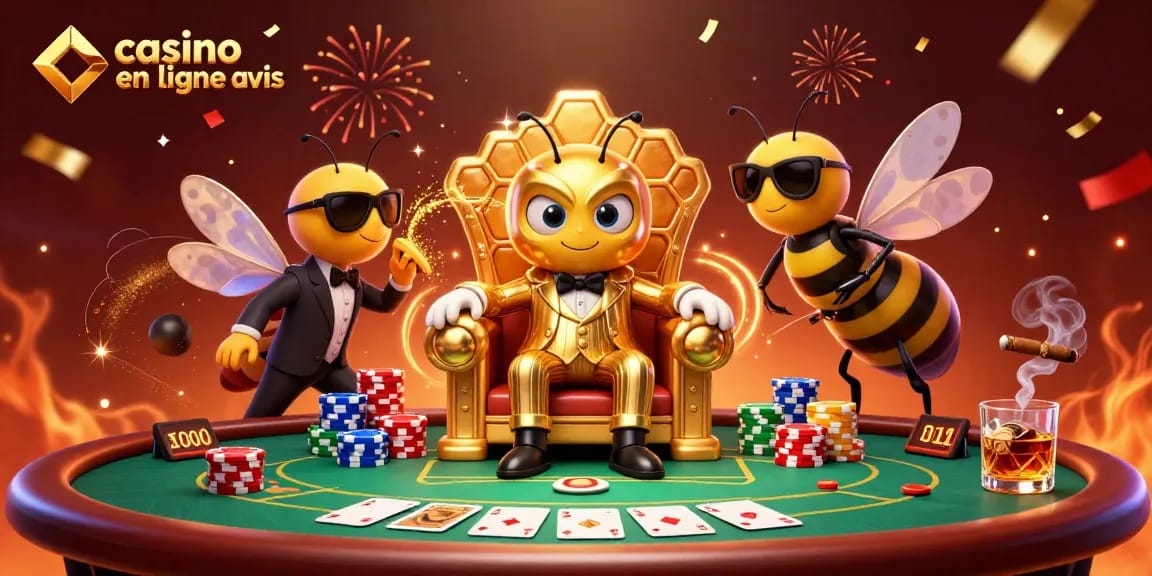 Casino en ligne avis : Illustration d'un boss bourdon et ses gardes jouant aux cartes avec ambiance festive.