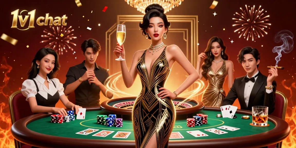 Experience 1v1 chat excitement in a vibrant casino with glamorous characters and dynamic visuals.