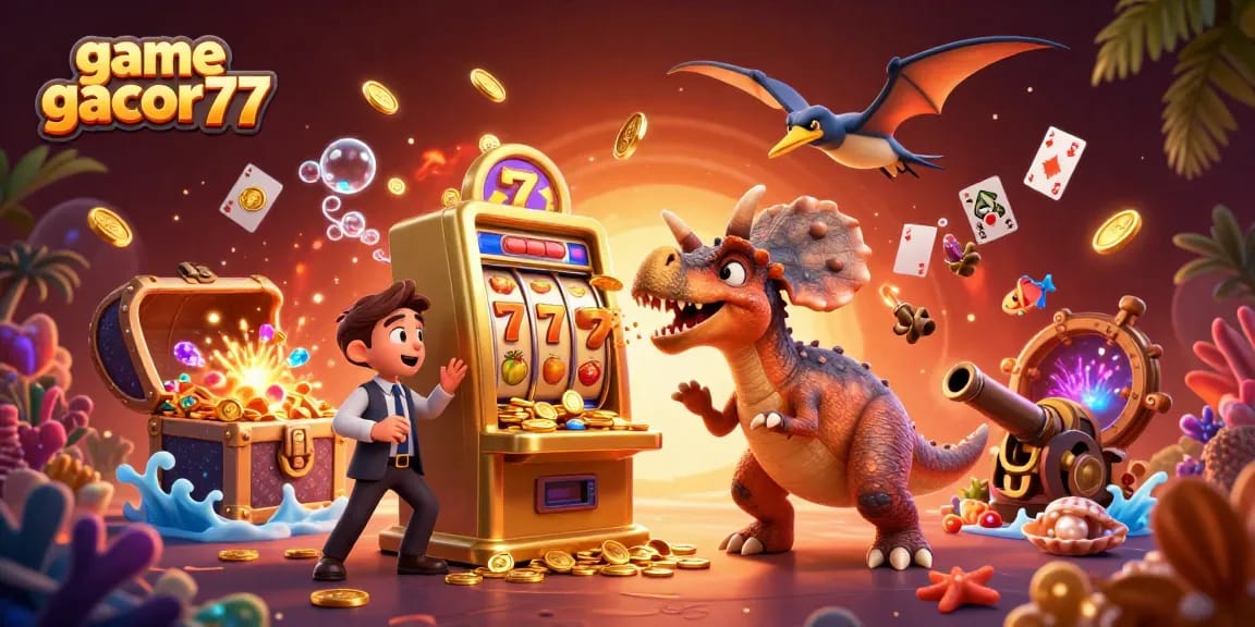 Visualisasi kasino menarik dengan game gacor77 di tengah huru-hara koin emas dan karakter 3D.