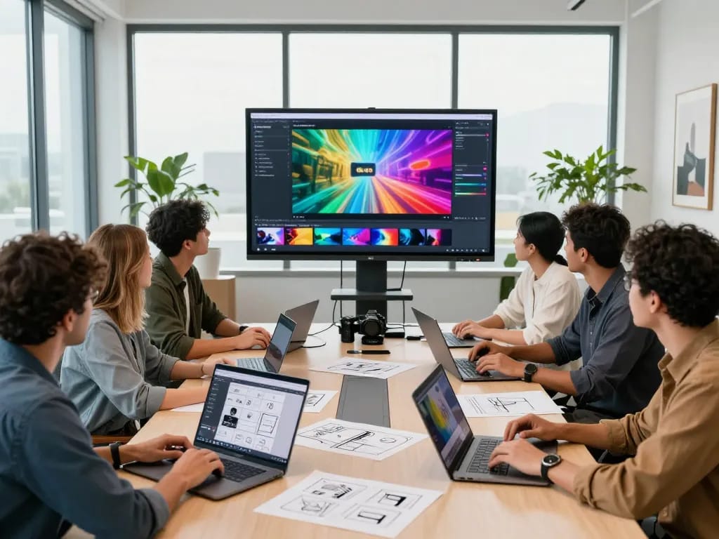 Creative team using seedance 2.0 in a modern tech workspace, collaborating on AI-generated video projects.