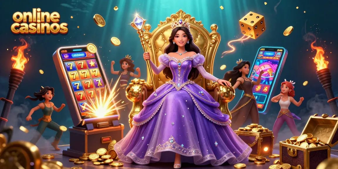 Engage with online casinos featuring a regal ambiance, vibrant slot games, and dazzling jackpots amidst a captivating 3D illustration.