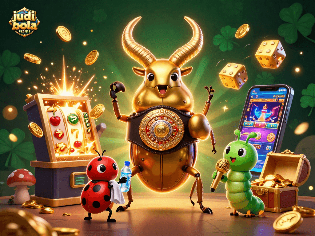 Experience the thrill of judi bola resmi with dynamic visuals of a golden stag beetle and gaming elements.
