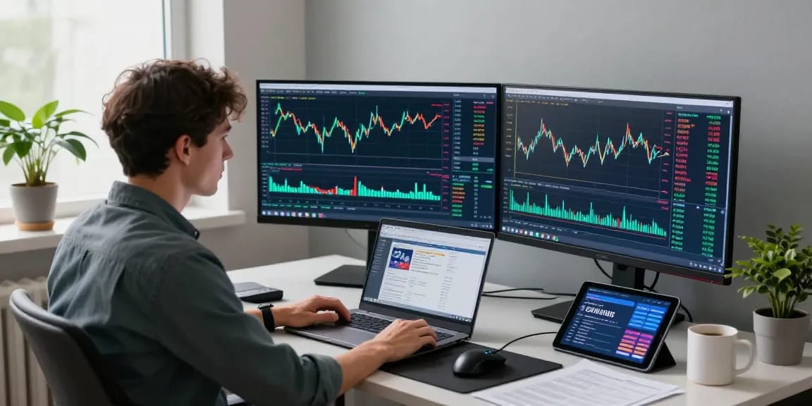 Trader analyzing forex charts on MT4 at a modern workspace with multiple monitors.