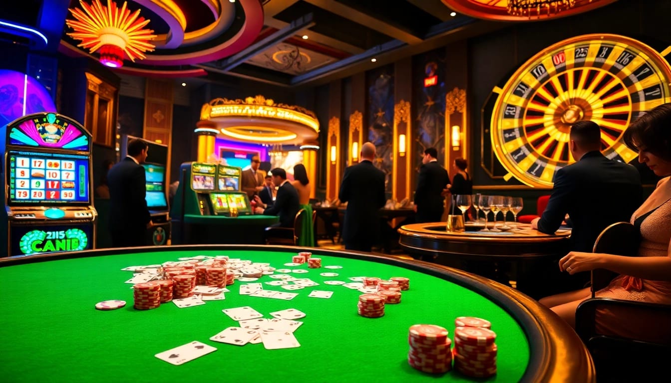 Players enjoying a thrilling moment at mmoo's upscale casino, featuring poker chips and cards.