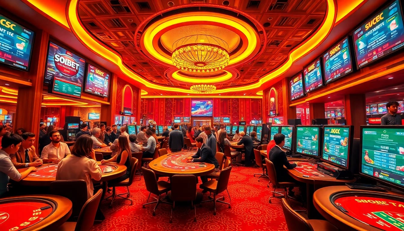 SBOBET.dance showcases an exciting online betting atmosphere with vibrant casino elements and diverse players enjoying various games.