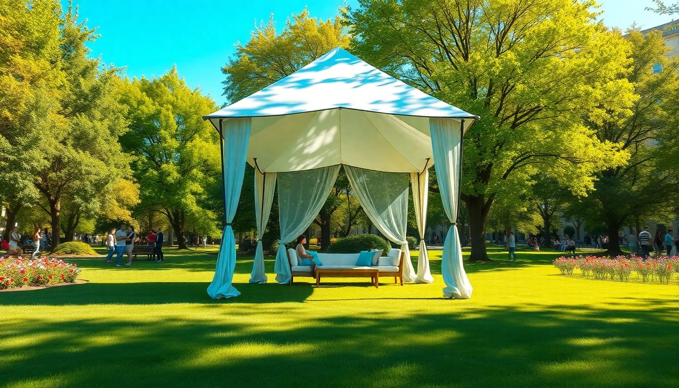 Relax under the sturdy canopy tent in a sunlit park, perfect for outdoor gatherings.