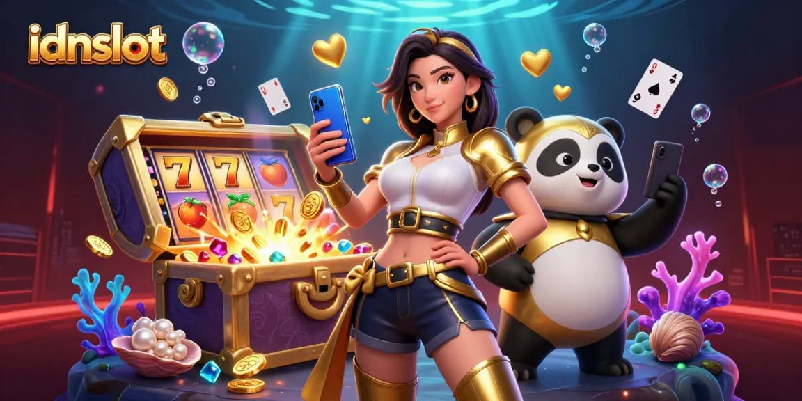 Spin winning slots with idnslot, featuring an Asian woman holding a smartphone and a golden panda mascot.
