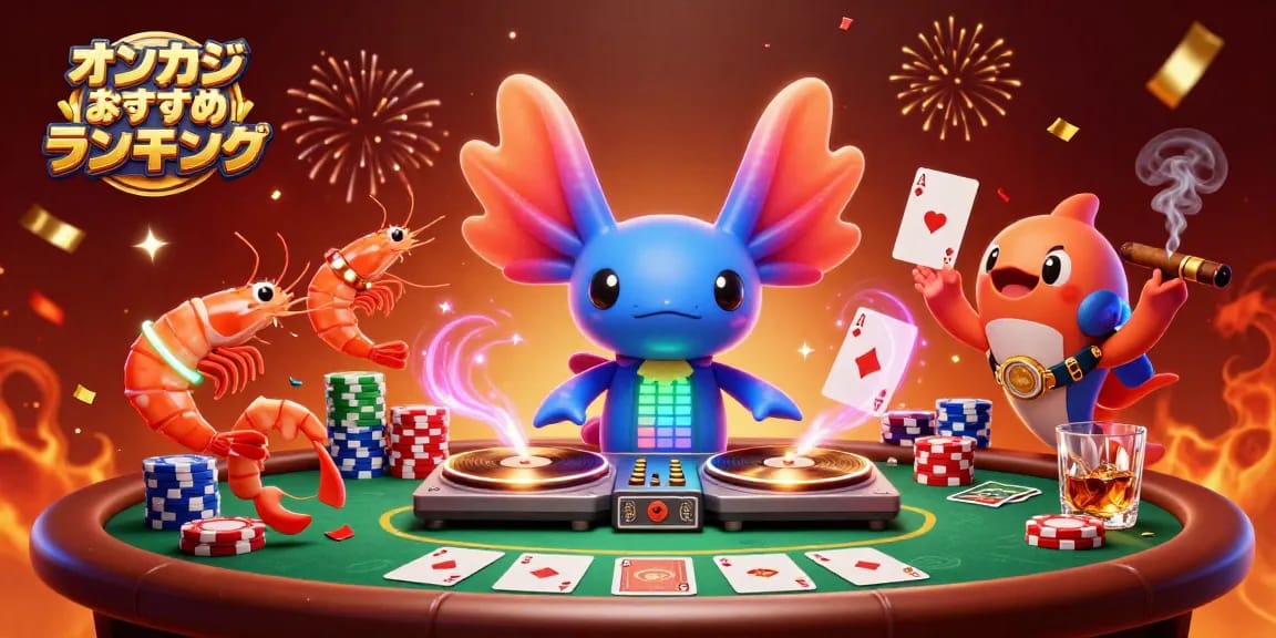 オンカジ おすすめ ランキングで、ネオンカラーのアホロートルDJがポーカーテーブルでパフォーマンス中。