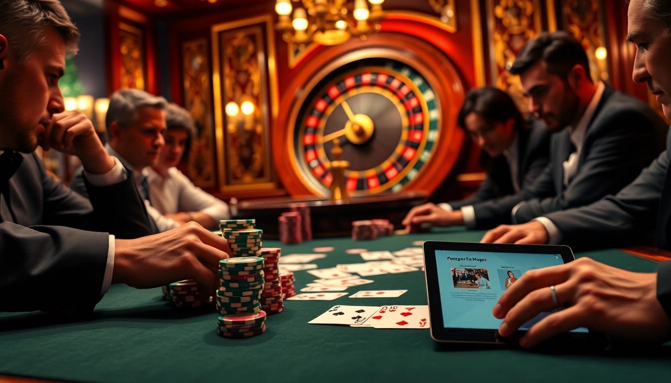 Players strategize at a poker table, inspired by the hidden wiki's verified links in the vibrant casino setting.