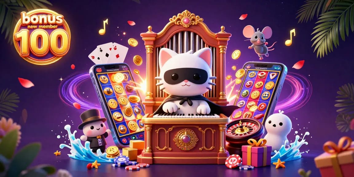 Experience the exciting bonus new member 100 in a vibrant casino scene with immersive 3D characters.