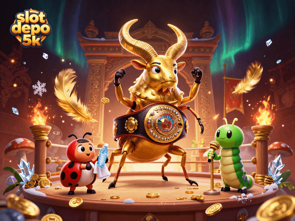 Engage with slot depo 5k as a cartoon beetle champion faces off in a vibrant casino setting.