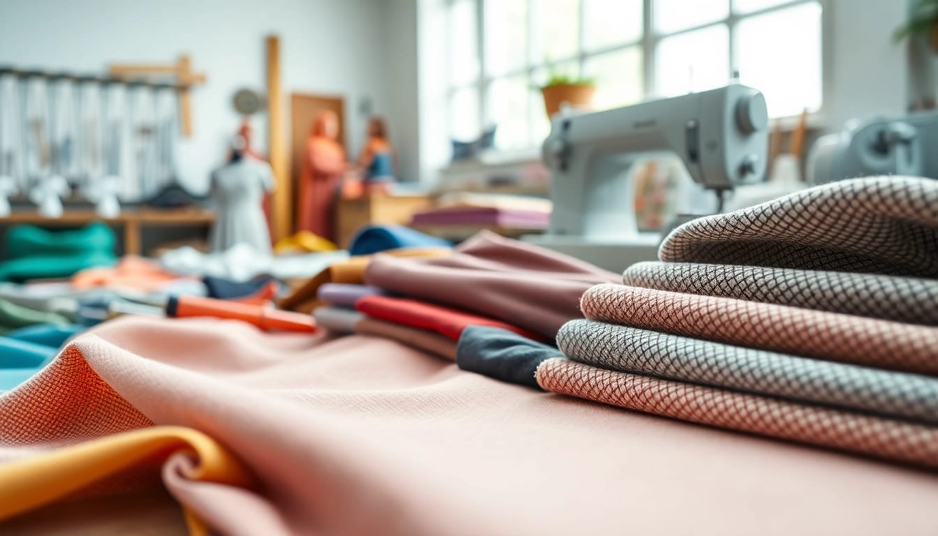Uitgebreide selectie van kant stof voor kleding die netjes is gepresenteerd in een atelier.