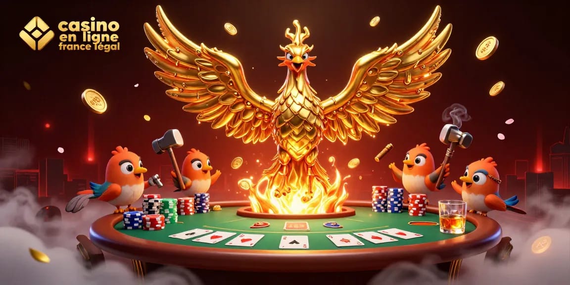 Jouer au casino en ligne légal en France avec un phoenix doré et des jetons de poker.