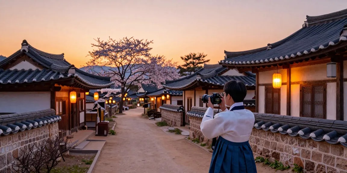 달토의 전통 한국 마을에서 촬영 중인 사람
