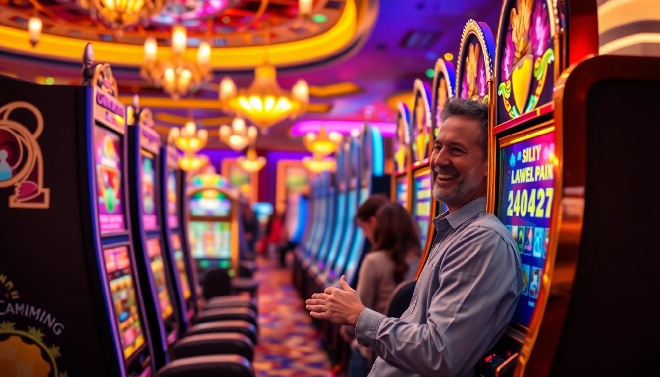 Memenangkan hadiah di mesin slot PLANET77 yang menampilkan suasana kasino yang meriah.