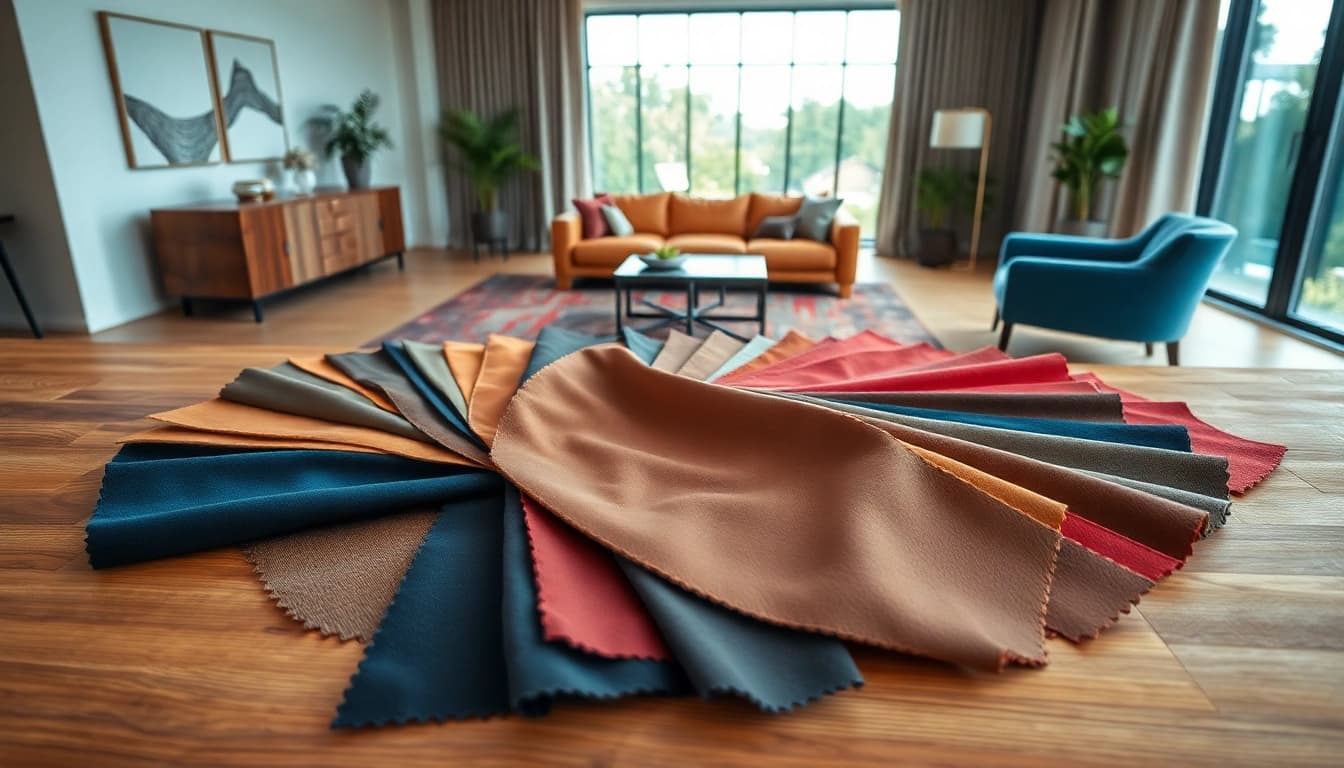 Bekijk skai leer swatches op een stijlvolle tafel met natuurlijke verlichting.