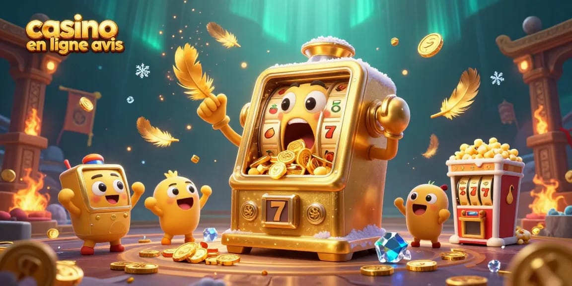 Le casino en ligne avis illustre un jackpot explosif avec des machines à sous dorées et des pièces tombant partout.