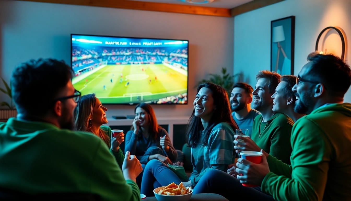 Enthusiastic fans enjoying a live football match streaming from joemadfan.com in a cozy setting.