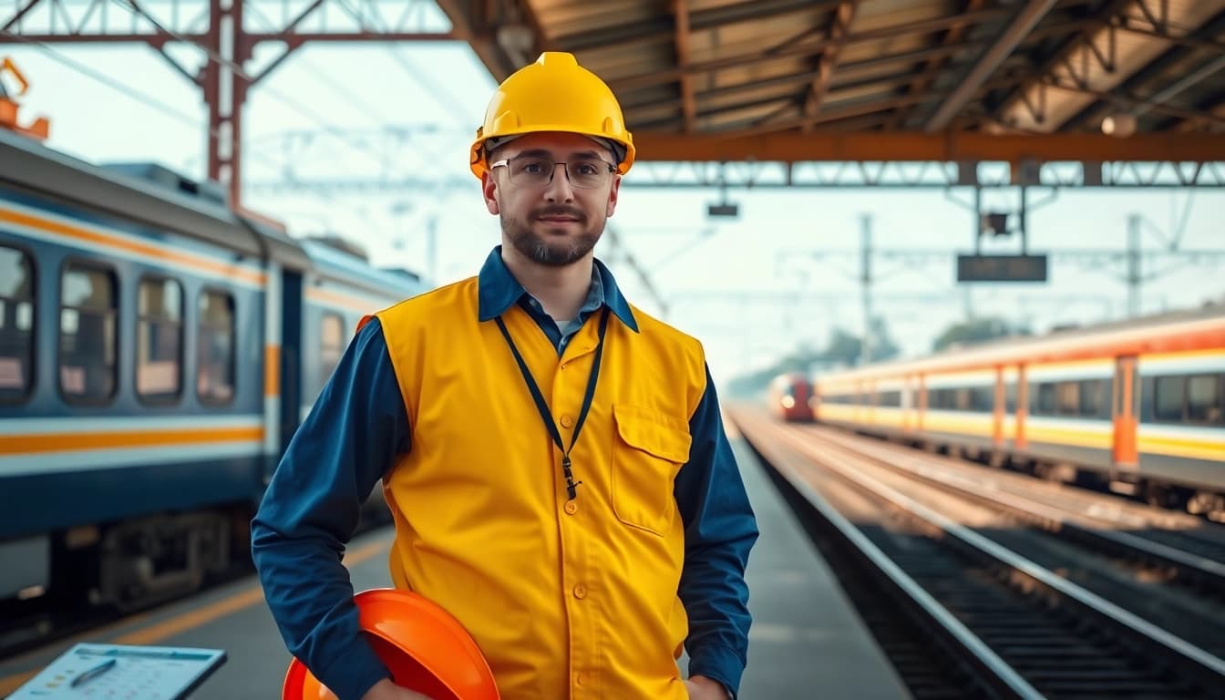 Rail jobs: A confident railway worker on a train platform amidst active trains.