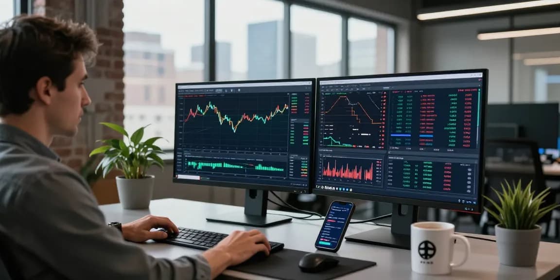 Trader analyzing real-time data on MetaTrader 5 in a modern workspace