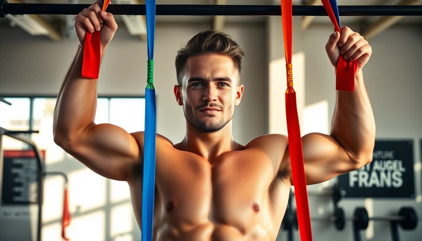 Dynamic workout scene showcasing assisted pull-up bands in use for strength training